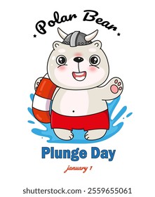 Polar bear plunge day banner, greeting card with cute cartoon white kawaii bear in red shorts