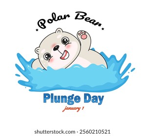 Polar bear plunge day banner, greeting card with cute cartoon white kawaii bear	