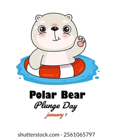 Polar bear plunge day banner, greeting card with cute cartoon white kawaii bear	