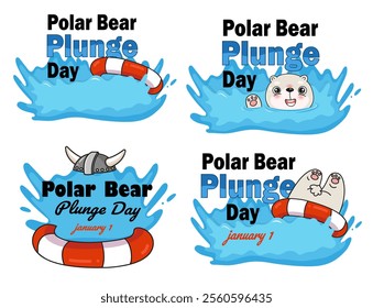 Polar bear plunge day banners with cute cartoon white kawaii bear
