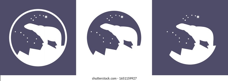 Polar Bear, Polaris, Arctic Logo Vector Icon, White Bear Stay On The Sea Ice Mountain Under The Northern Sky, Ursa Major (Great Bear) And Ursa Minor (Little Bear) Constellations, North Star, Pole Star