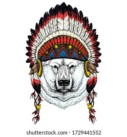 Polar bear portrait. Head of wild animal. Indian traditional headdress.