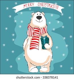 Polar bear with present.Vector christmas background.