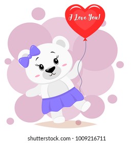Polar bear with a purple bow holds a red ball in the paws, in the style of cartoons.