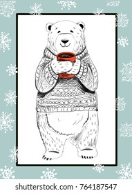 polar bear with red cup in sketch style with snowflakes.Christmas concept