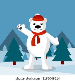 Polar bear in a red hat and scarf. Animal character waving. Cute white beast celebrates Christmas and new year. Winter landscape with forest and trees.
