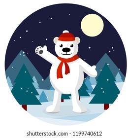 Polar bear in a red hat and scarf waving in the woods in the snow. Winter landscape. The white beast celebrates Christmas and new year. Night view