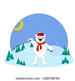 Polar bear in a red hat and scarf waving in the woods in the snow. Winter landscape. The white beast celebrates Christmas and new year. Night view