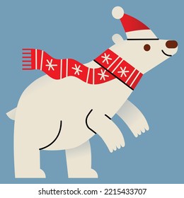 Polar bear with red hat and red striped scarf in Christmas.