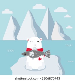 Polar bear with red scarf catching fish.