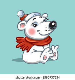 a polar bear in a red scarf and a red hat sits