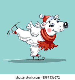 a polar bear in a red scarf and a red hat 
performs a spiral on ice skates