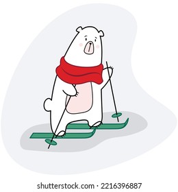 Un oso polar con bufanda roja corre a través del campo esquiando al estilo de una caricatura. Logo o cartel animal. Tarjeta de saludo para las vacaciones de invierno para bebés.