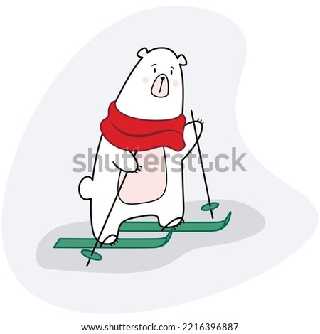 A polar bear in a red scarf runs cross-country skiing in a cartoon style. Animal logo or banner. Baby winter holidays greeting card.