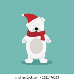 polar bear with red scarf.Vector cute cartoon charcter.Chrismas concept.Perfect for christmas and NewYear greeting card