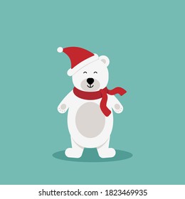 polar bear with red scarf.Vector cute cartoon charcter.Chrismas concept.Perfect for christmas and NewYear greeting card