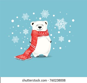  polar bear with red scarf.Vector cute cartoon charcter.White bear on blue  backgroun with snowflakes.Chrismas concept.Perfect for christmas and NewYear greeting card