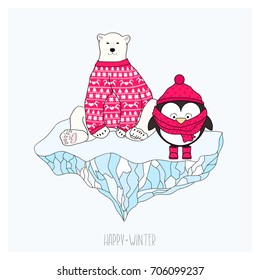 Polar bear in red sweater with ornament and penguin in knitted had and scarf on a ice floe