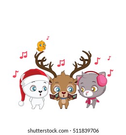 Polar bear, reindeer, cat and bird singing Christmas carols