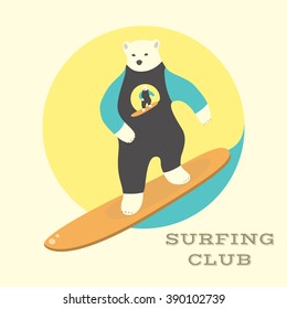 Polar Bear rides on a surfboard. Vector illustration.