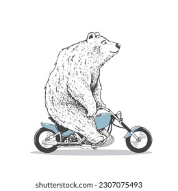 polar bear is riding on motorcycle