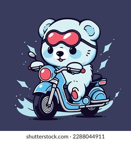 A polar bear is riding a scooter with a red sun glasses.