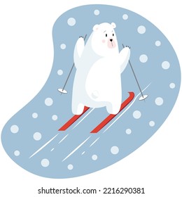 A polar bear runs cross-country skiing against the background of falling snow in a flat style. Animal logo or banner. Baby winter holidays greeting card.