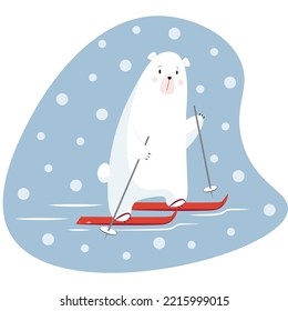 A polar bear runs on red cross-country skiing against the background of falling snow in a flat style. Animal logo or banner. Baby winter holidays greeting card.