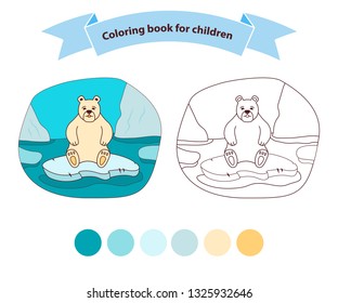 Polar bear sad on an ice floe in the sea coloring book for children. Outlined doodle. Flat vector.Ecological catastrophy. Melting ice.