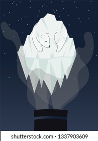 A polar bear sadly embraces the last ice floe. Ice floe melts under the influence of smoke from the chimney of the plant. The consequences of global warming for animals.