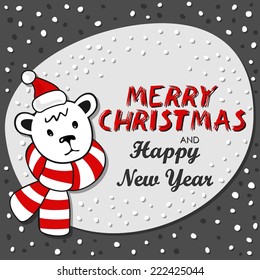 polar bear in Santa Claus hat and colorful scarf winter holidays card on dark background with Christmas wishes in English