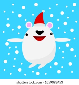 polar bear in santa hat cartoon character laughing and posing against the background of falling snow winter and cold season concept