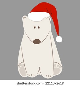 Polar bear in Santa hat on grey background. festive clip art for xmas or new year card
