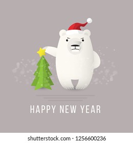 polar bear in Santa's hat wishes happy new year-vector illustration