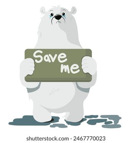 polar bear with Save me sign. Global warming concept.