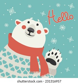 Polar bear says hello at vector greeting card