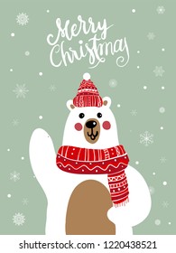 Polar Bear Scarf Cartoon with Christmas Festival and Snow Winter Vector.