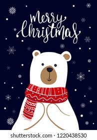 Polar Bear Scarf Cartoon with Christmas Festival and Snow Winter Vector.