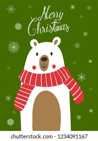 Polar Bear Scarf Cartoon with Christmas Festival and Snow Winter Vector.
