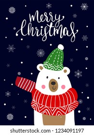 Polar Bear Scarf Cartoon with Christmas Festival and Snow Winter Vector.