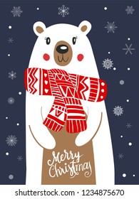 Polar Bear Scarf Cartoon with Christmas Festival and Snow Winter Vector.