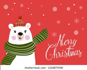 Polar Bear Scarf Cartoon with Christmas Festival and Snow Winter Vector.