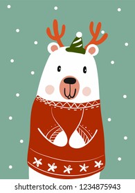 Polar Bear Scarf Cartoon with Christmas Festival and Snow Winter Vector.
