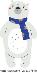 Polar bear in scarf drawn with flat shapes, soft lines, and clean outlines. Winter animal character shows cozy neckwear, rounded form, and minimal detail. Cartoon vector illustration