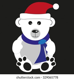 polar bear with scarf on button on black background