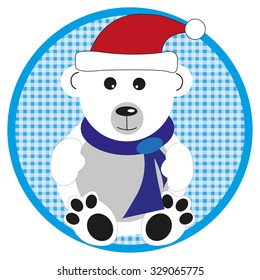 polar bear with scarf on light blue button on white background