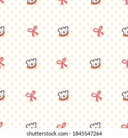Polar Bear Scarf Ribbon Star Christmas Seamless Pattern. Vector illustration. Perfect for Christmas, New Year, party, winter, fashion, decoration, gift wrapping, textile design, background