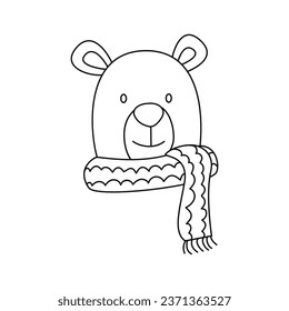 Polar bear with scarf. Simple black and white icon of Christmas, winter character. Cute polar bear for winter decoration, packaging, paper, wallpaper, banners. Kids vector illustration, doodle