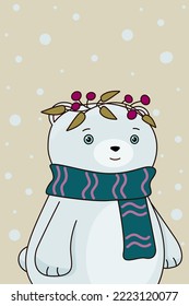 Polar bear with a scarf and a twig. Vector illustration for a postcard. Children's illustration