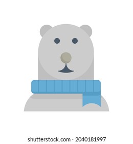 Icono del vector del oso polar y la bufanda. Caricatura de animal para tarjeta decorativa, regalo, recuerdo, evento, es decir, celebración, cumpleaños, navidad o navidad, feliz año nuevo en diciembre o invierno.
